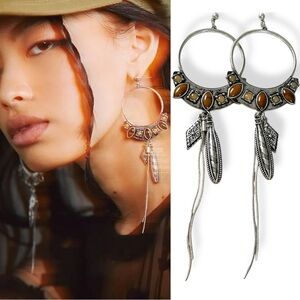 Free People Winona Hoops Silver Tigers Eye Western Boho Dangles Coachella NWT